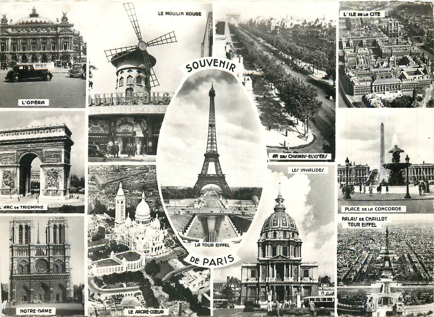CPM Souvenir de Paris Opera Moulin Rouge Champs Elysees L'Ile de la Cote Sacre Cœur Notre Dame Place