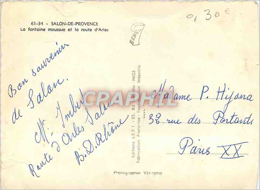 Moosbewachsene Fontäne in Salon-de-Provence — Route d'Arles — Éditions SEPT - 35, Bd de la République - Nice — Rückseite