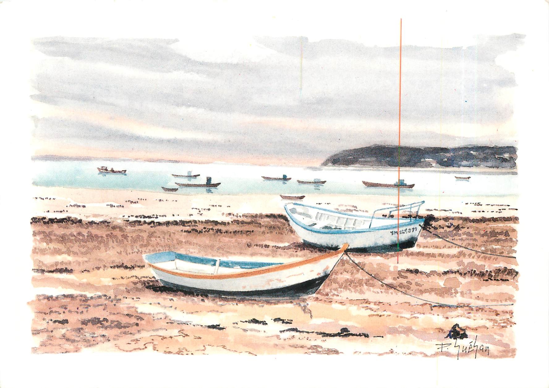 CPM Les Aquarelles de P Guegan Barques echouees sur la greve 
