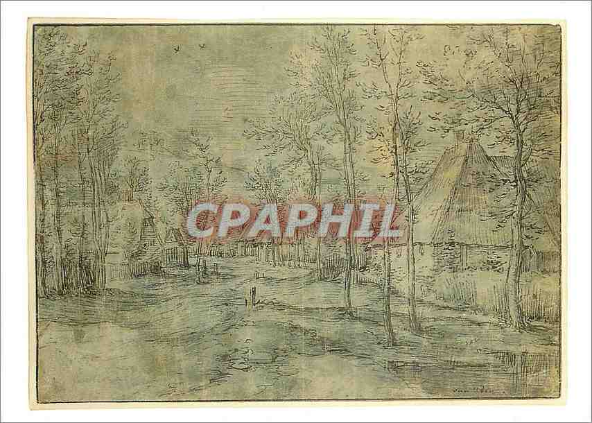 CPA Matthys Cock Village Road Pen and black ink grey wash on blue green prepared paper 