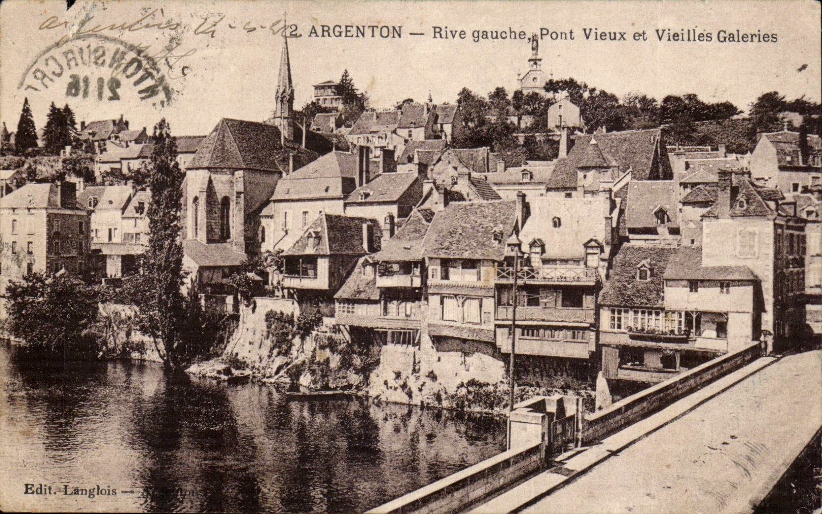 Argenton CPA Rive gauche pont vieux et vieilles galeries