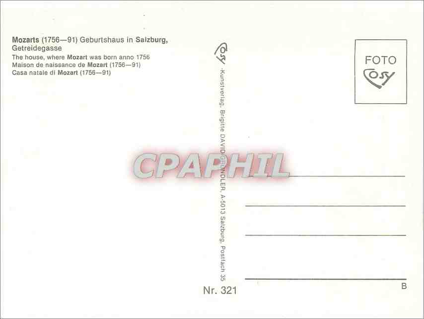 CPM Mozarts Geburtshaus in Salzburg Getreidegasse  — Rückseite