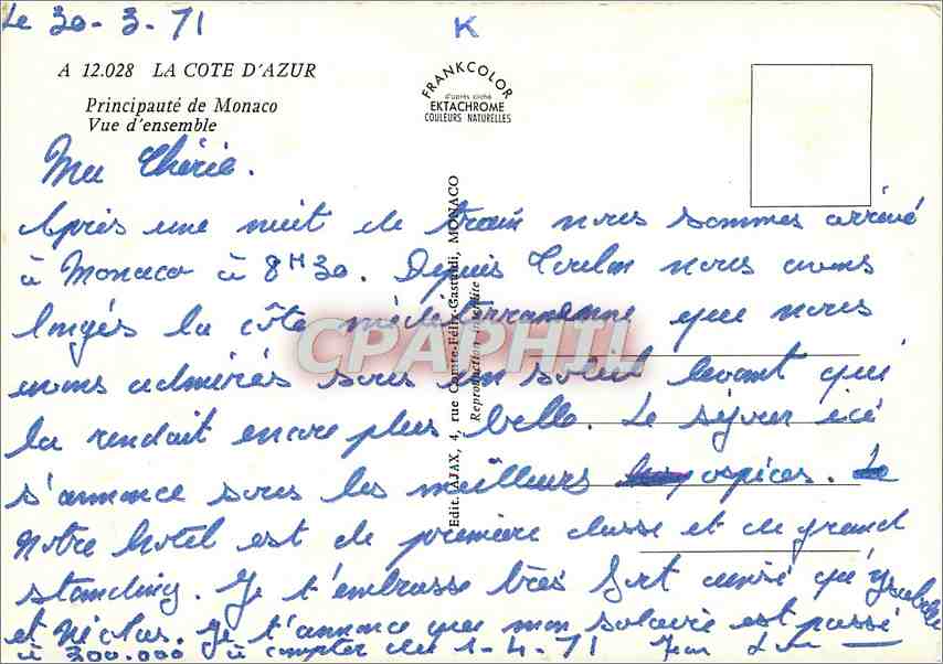 CPA La Cote d'Azur Principaute de Monaco Vue d'Ensemble  — Rückseite
