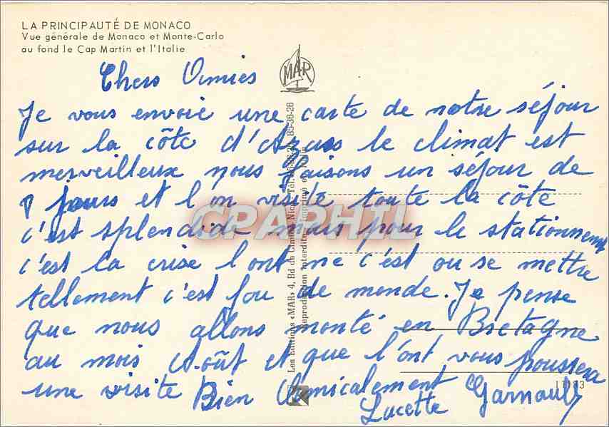 CPA La Principaute de Monaco Vue generale de Monaco et Monte Carlo au fond le Cap Martin et l'Italie — Verso