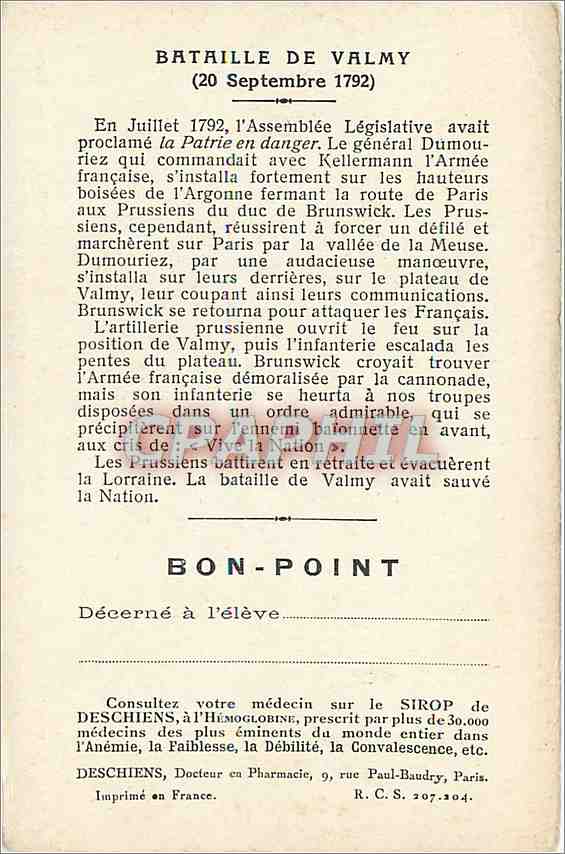 Image bon point Musee de Versailles Bataille de Valmy Horace Vernet peintre  — Rückseite