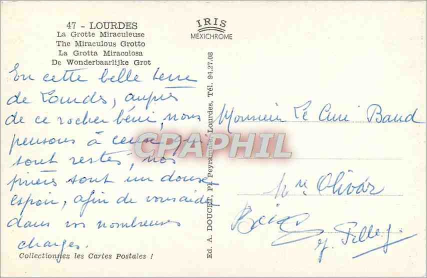 CPA Lourdes La Grotte Miraculeuse  — Verso