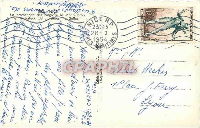 CPM Nice La Promenade des Anglais le Mont Boron et le bateau de Croisteres Le Gallus  — Verso