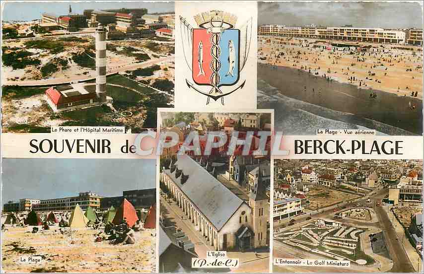 CPA Souvenir de Berck Plage Le phare et l'hopital militaire La Plage L'eglise L'entonnoir Le golf mi