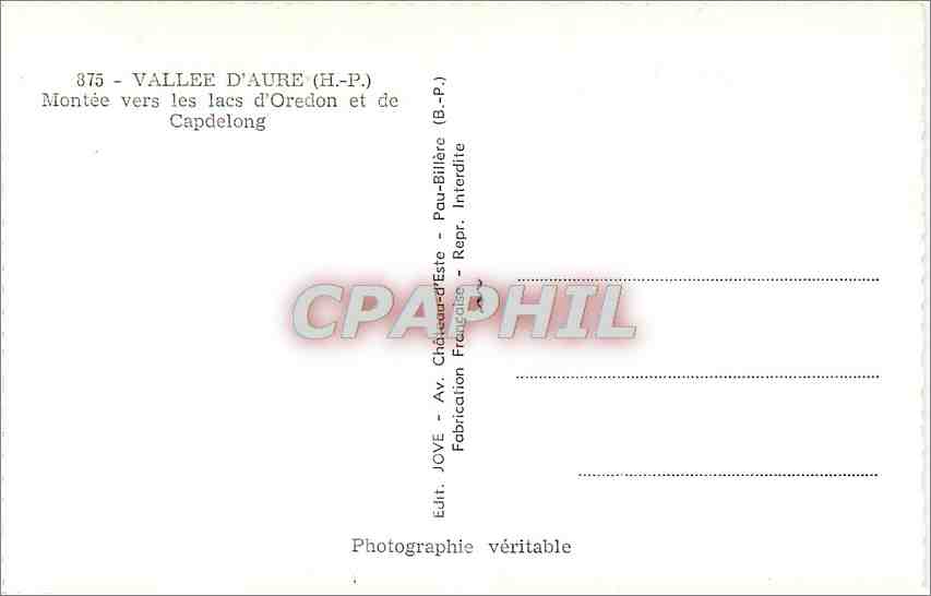 Montée vers les lacs d'Oredon et de Capdelong — Vallée d'Aure (H.P.) — Édit. JOVE, Château-d'Estre — Rückseite
