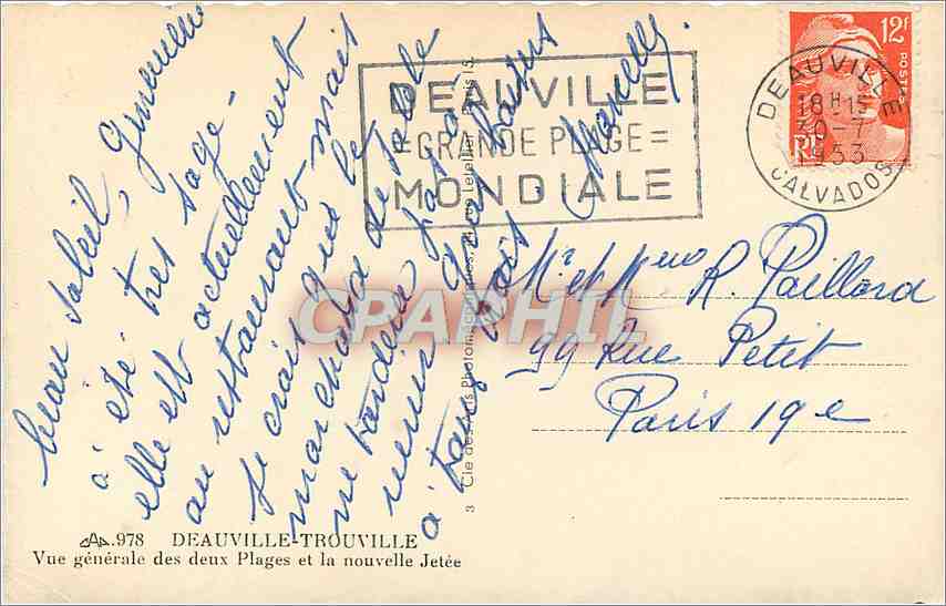 Deauville-Trouville — Vue générale des deux Plages et la nouvelle Jetée — CPA n°978, éditeur Calp — Back