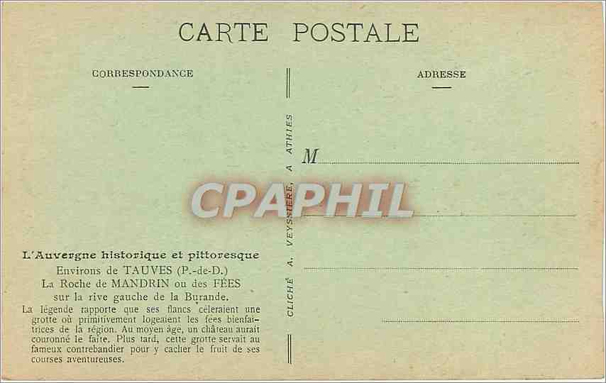 CPA L'Auvergne historique et pittoresque Environs de Tauves P de D La Roche de Mandrin ou des Fees s — Rückseite