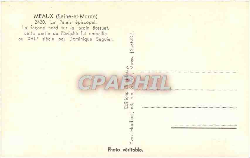 CPM Meaux Seine et Marne Le Palais episcopal  — Back