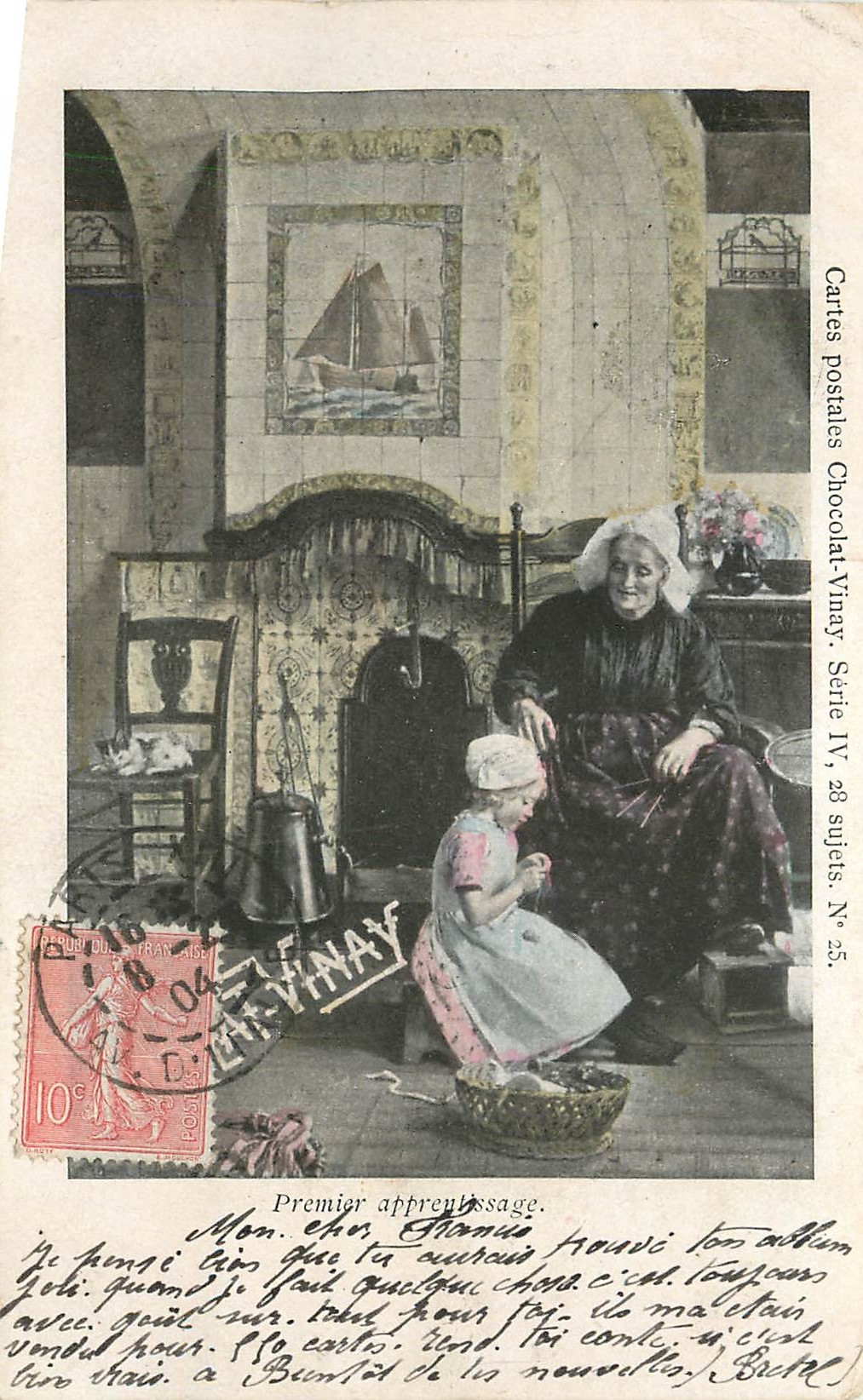 Primo apprendimento — scena interna con nonna e bambino — Carte postali Chocolat Vinay, Serie IV, 28 soggetti, N° 25