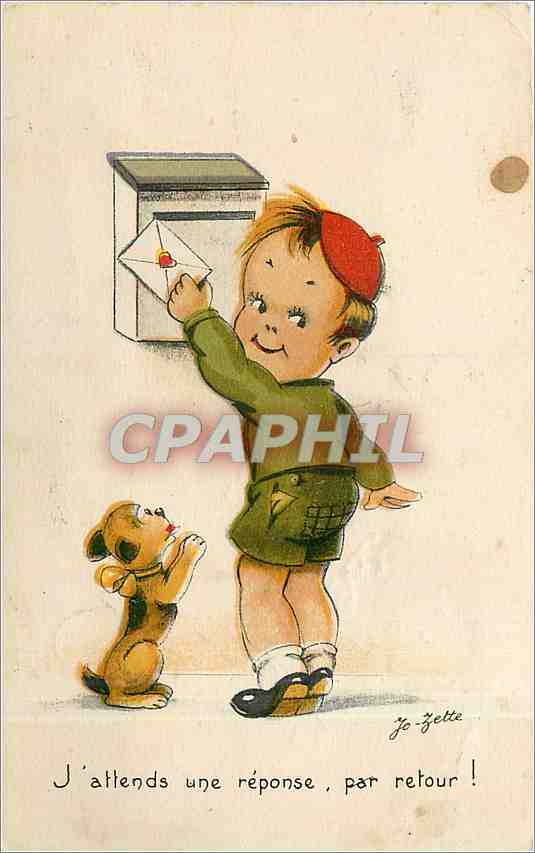 CPA J'attends une reponse par retour Enfant Chien