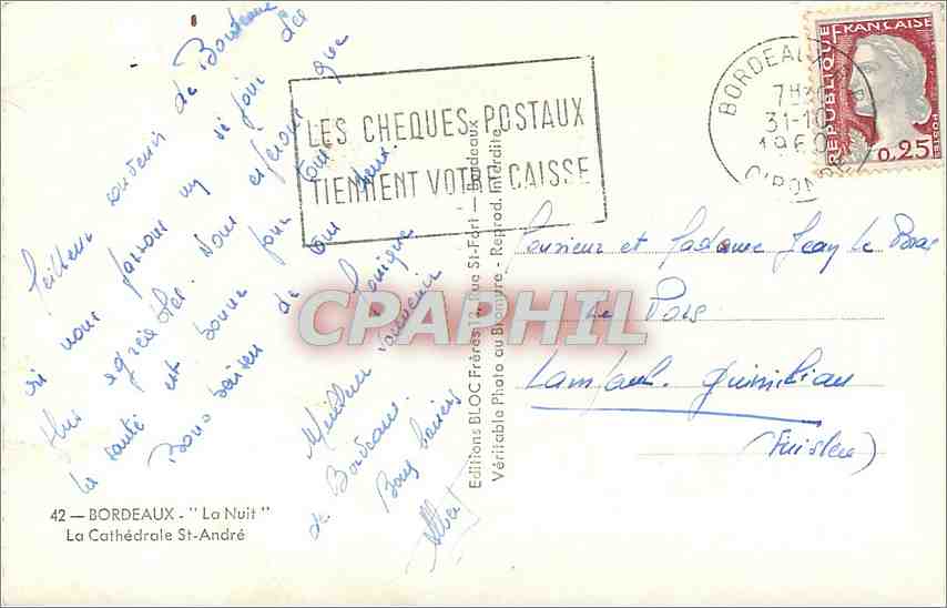 CPM Bordeaux La Nuit La Cathedrale St Andre  — Verso