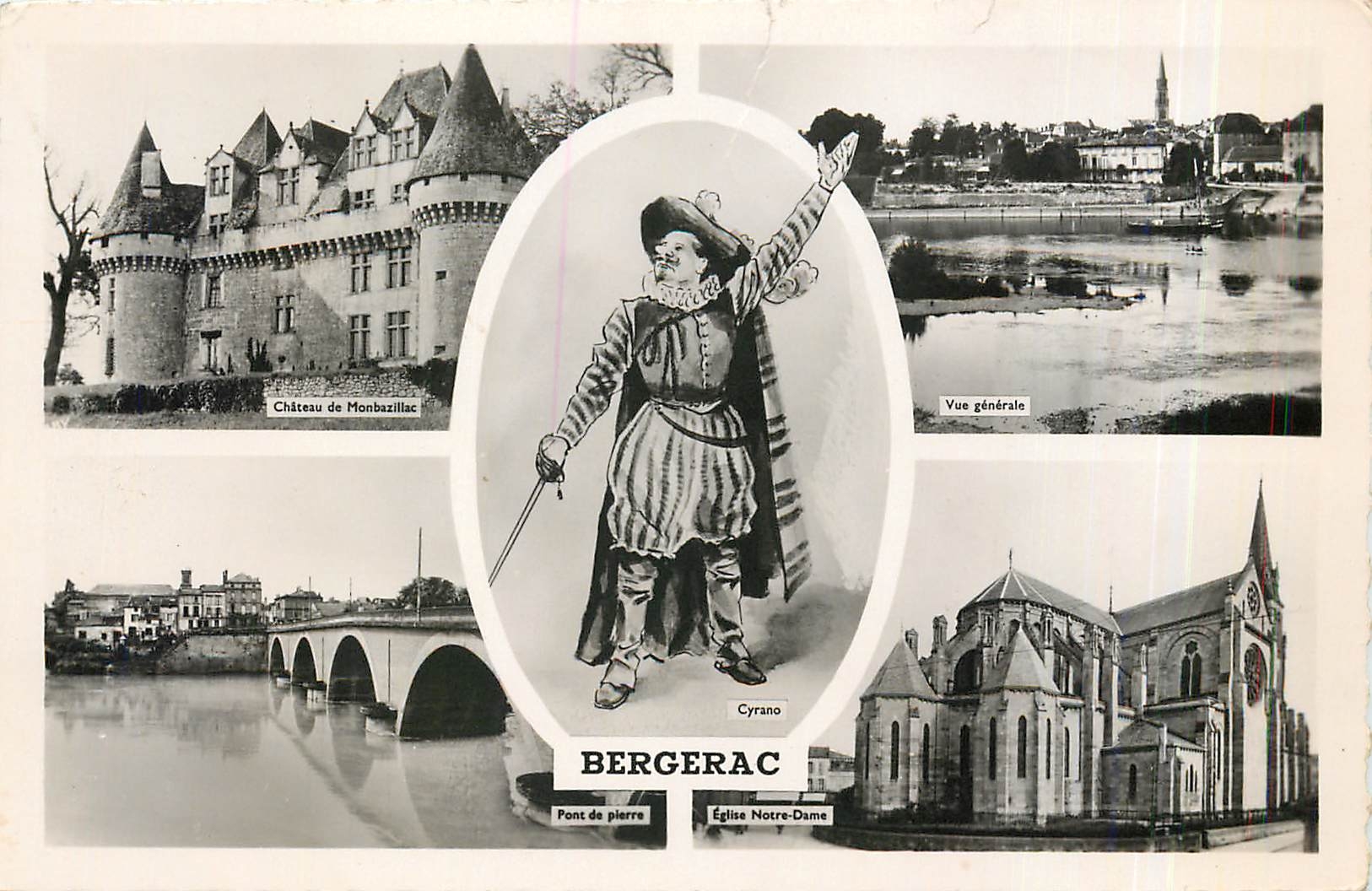 CPA Bergerac Cyrano Château de Monbazillac Vue generale Pont de pierre Eglise Notre Dame