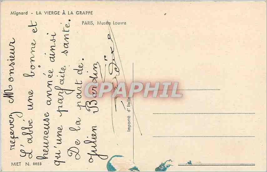 CPA Mignard La Vierge a la Grappe Paris Musee Louvre  — Rückseite