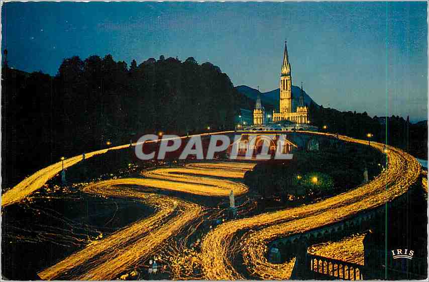 CPM Lourdes La Basilique illuminee et la Procession aux Flambeux 