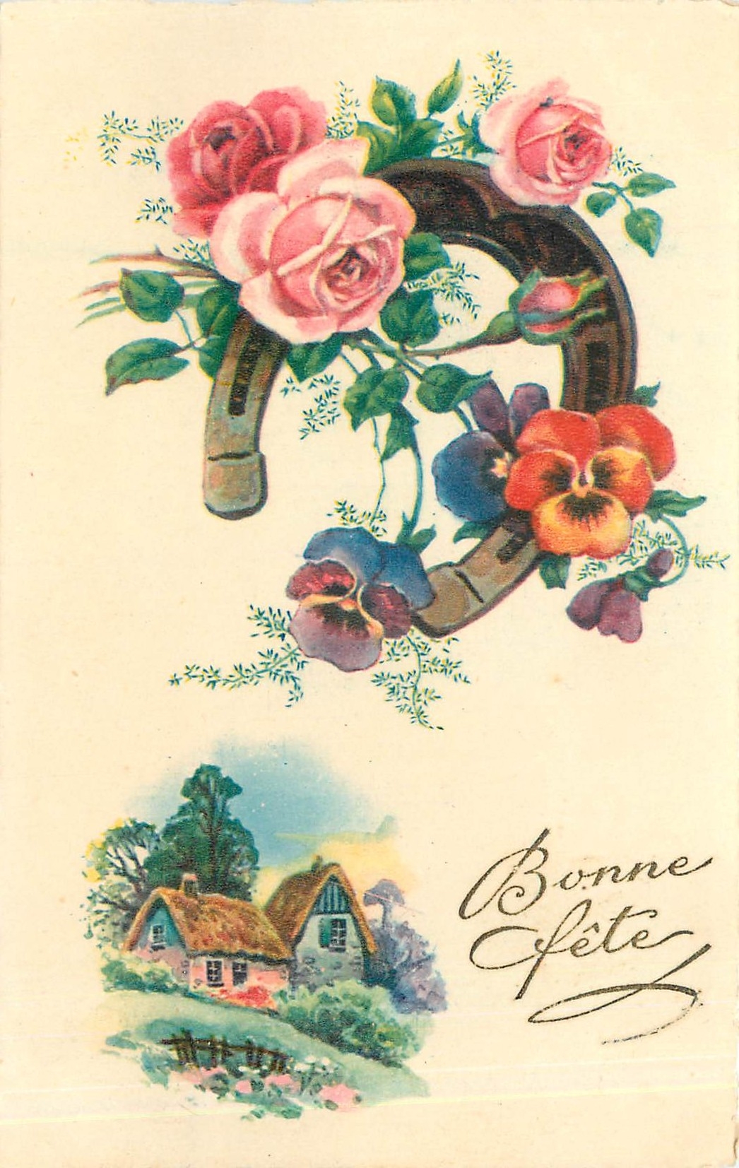 CPA Bonne Fete Fleurs Fer a cheval