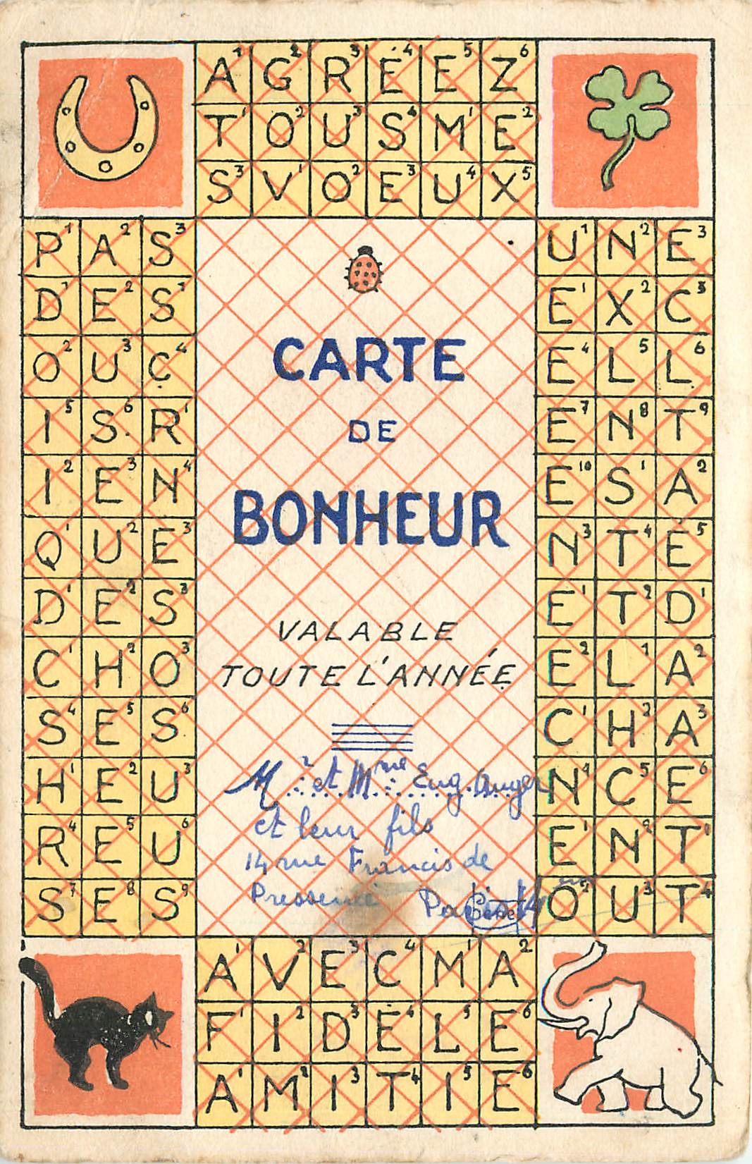 CPA Carte de Bonheur Chat Elephant Trefle Fer a cheval