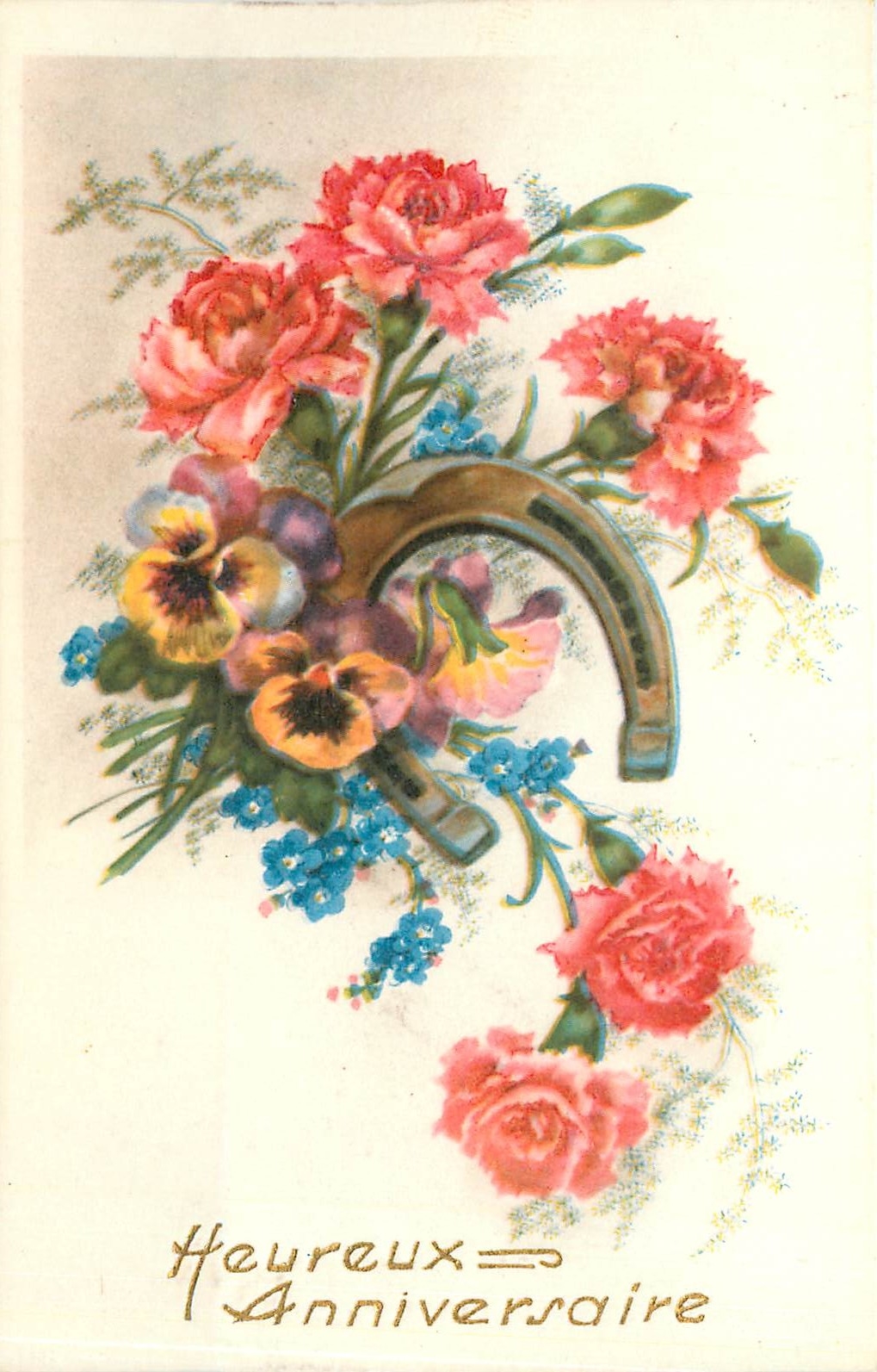CPA Heureux Anniversaire Fleurs Fer a cheval