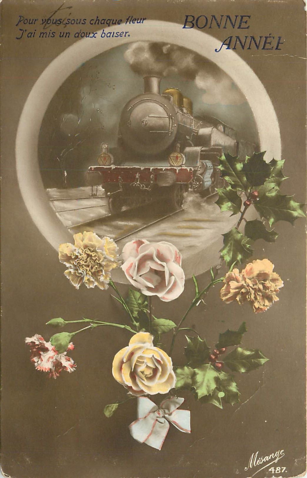 CPA Bonne Annee Train Fleurs