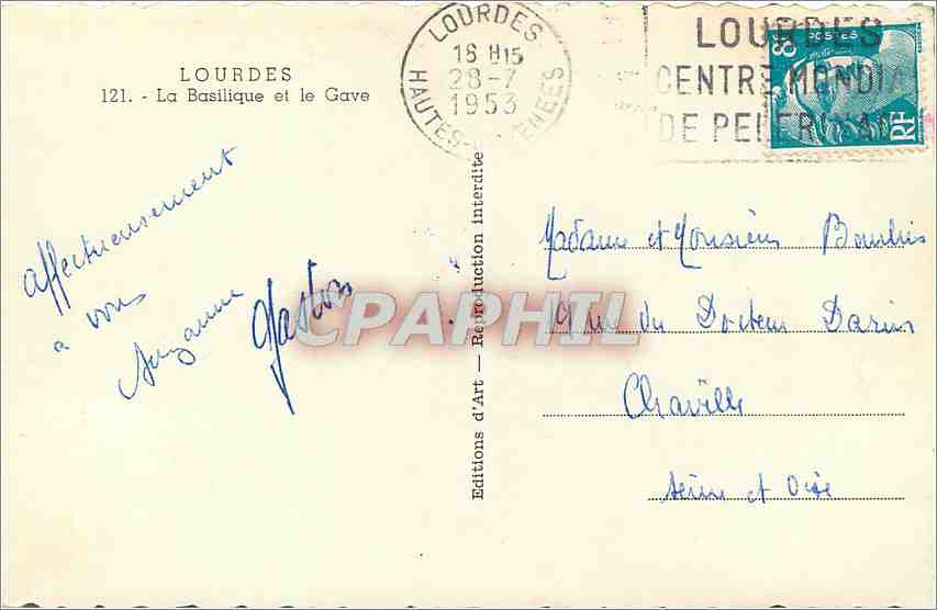 CPM Lourdes La Basilique et le Gave  — Verso