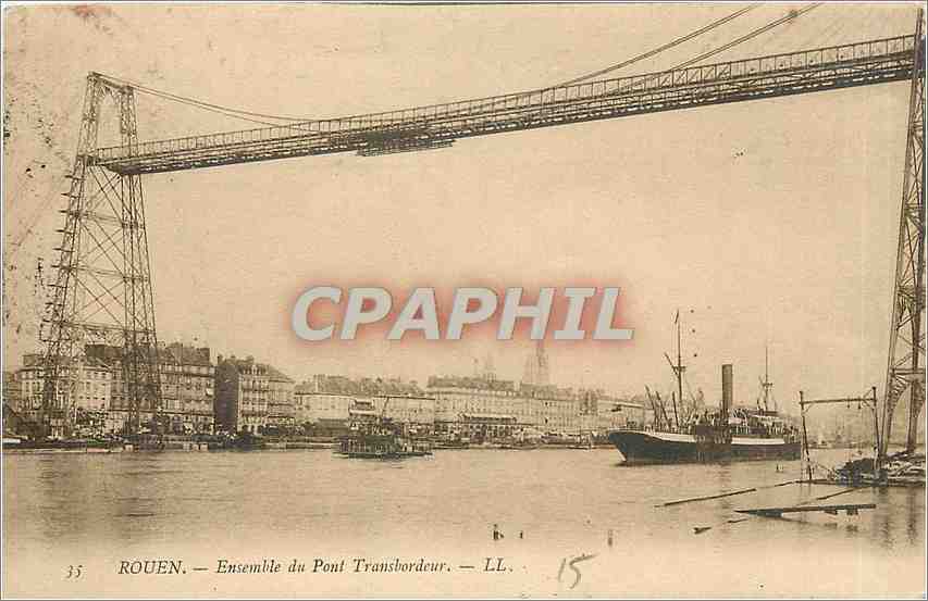 CPA Rouen Ensemble du Pont Transbordeur Bateau