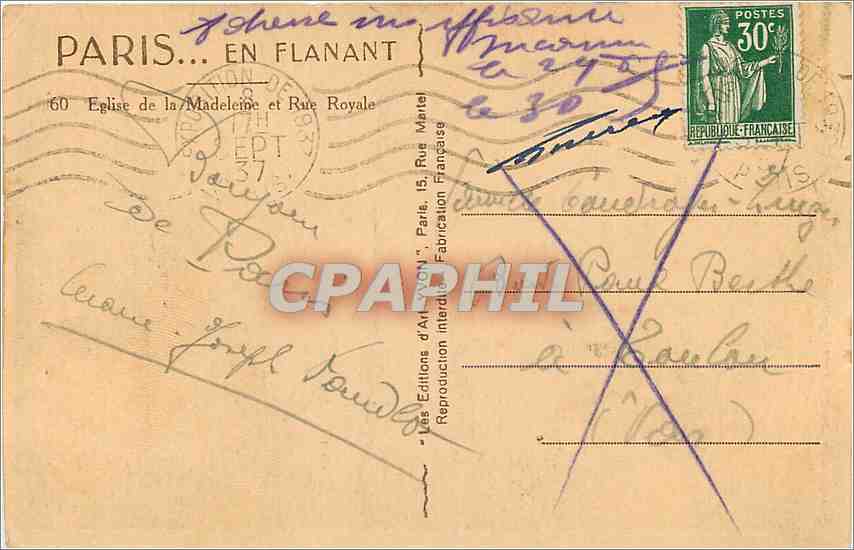 CPA Paris... En Flanant Eglise de la Madeleine et Rue Royale — Verso