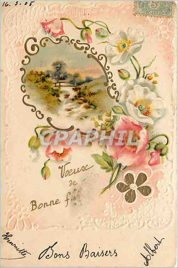 Paysage champêtre — fleurs roses et blanches — éditeur non visible - Recto