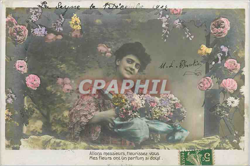 Femme avec bouquet de fleurs — carte postale décorée de fleurs — éditeur E.L.D. n° 3389