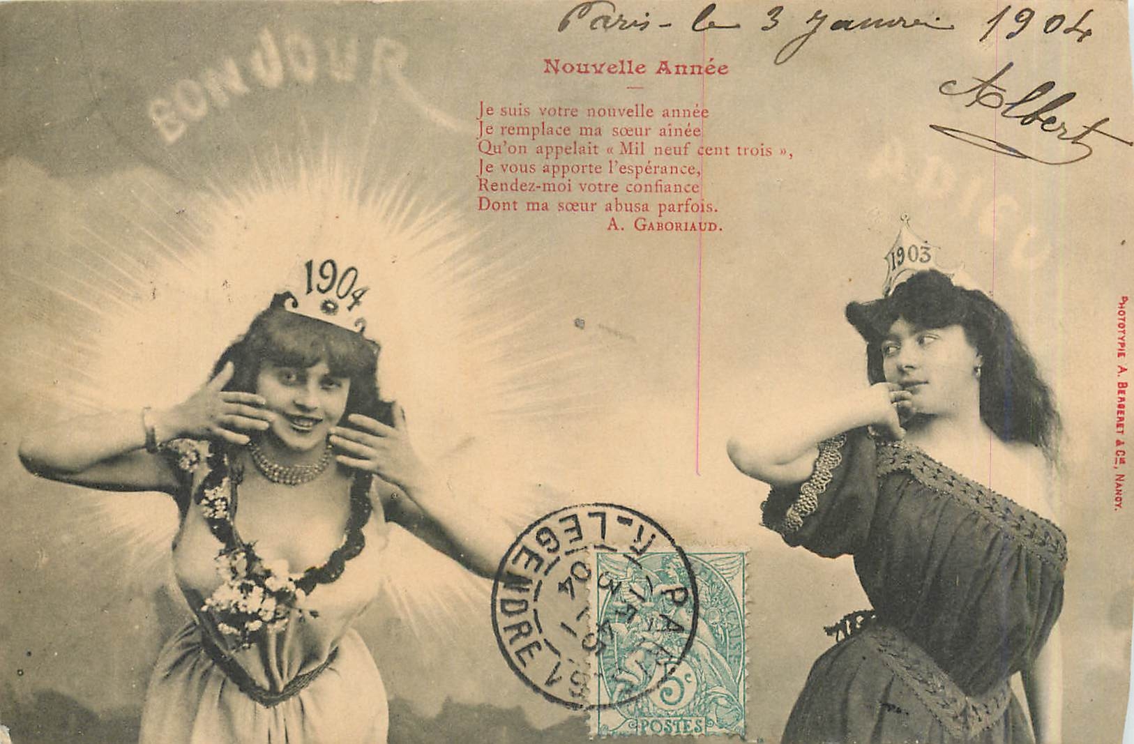 Deux jeunes femmes en diadèmes — Nouvelle Année 1904 — Photographe A. Braeent & Cie, Nancy