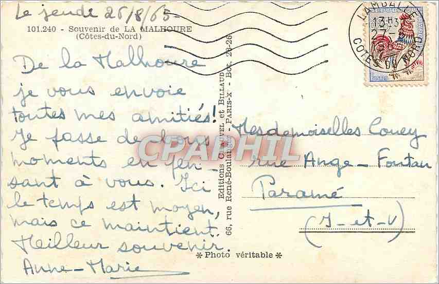 CPM Souvenir de La Malhoure — Verso