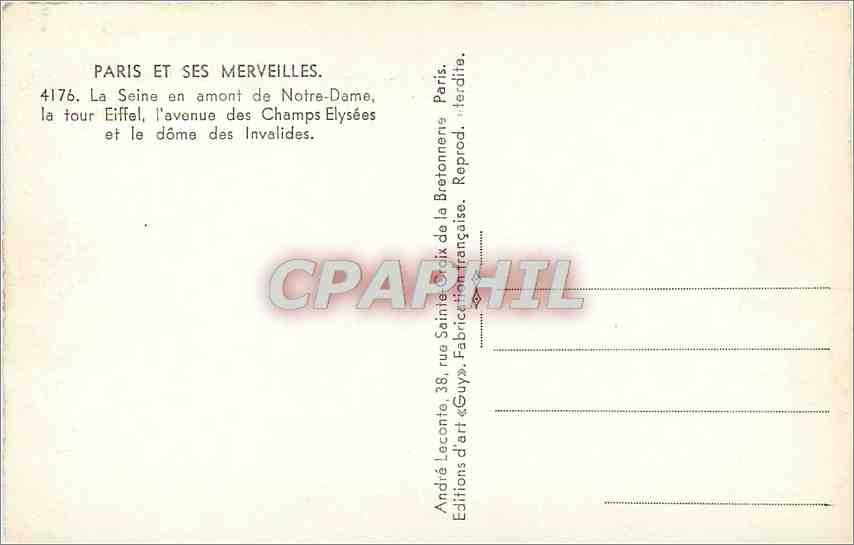 CPM Paris et ses Merveilles La Seine en amont de Notre Dame La Tour Eiffel l'avenue des Champs Elyse — Rückseite
