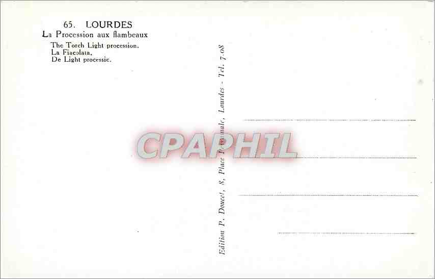 Lourdes — La Procession aux flambeaux — Éd. P. Doucet, 8, Place Tournelle, Lourdes — Verso