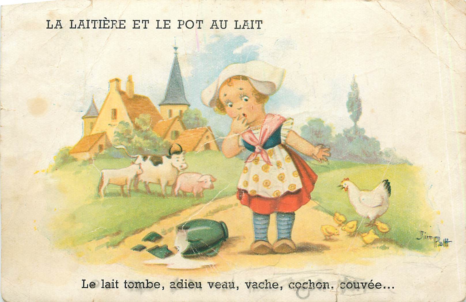 CPA La Laitiere et le Pot au Lait Cochon Porc Vache Poule Le lait tombe adieu veau vache cochon couv