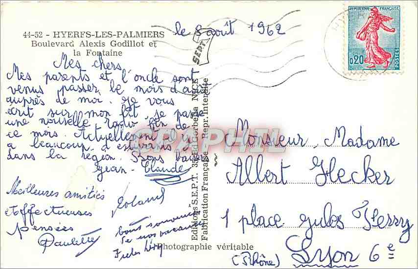 CPM Hyeres-les-Palmiers Boulevard Alexis Godillot et la Fontaine — Verso