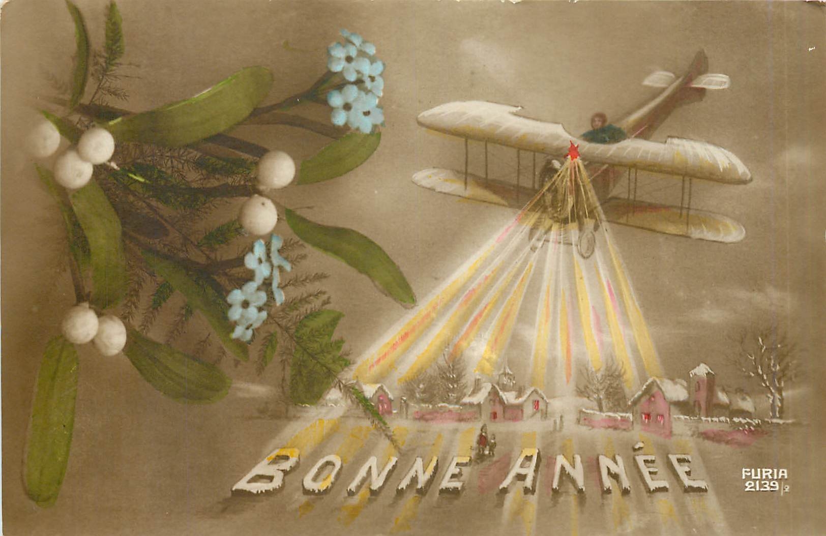 CPA Bonne Annee Fleurs Avion Aviation