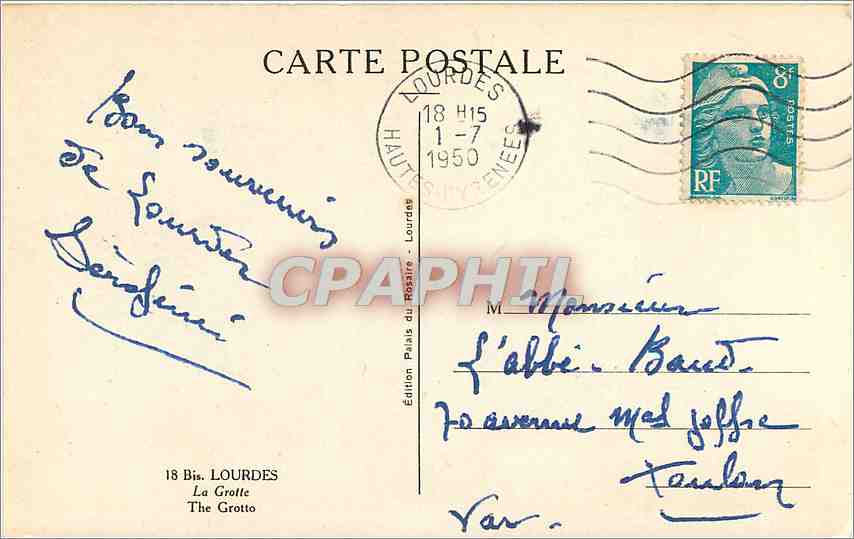 CPA Lourdes La Grotte — Verso
