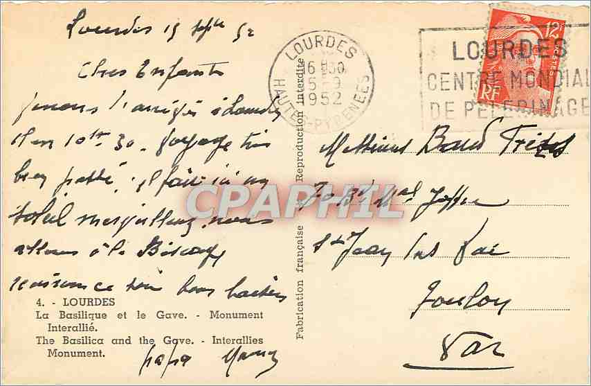 CPA Lourdes - La Basilique et le Gave. Monument Interallie — Verso
