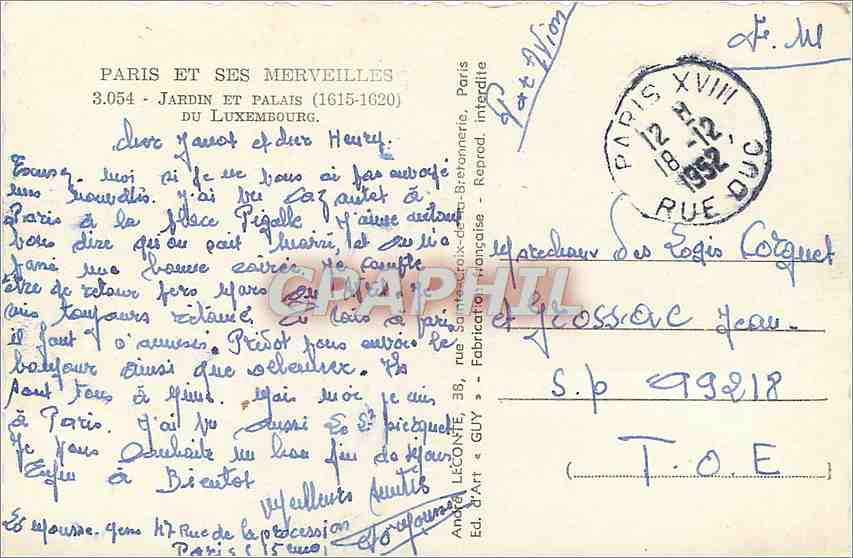 CPM Paris et ses Merveilles Jardin et Palais du Luxembourg — Rückseite