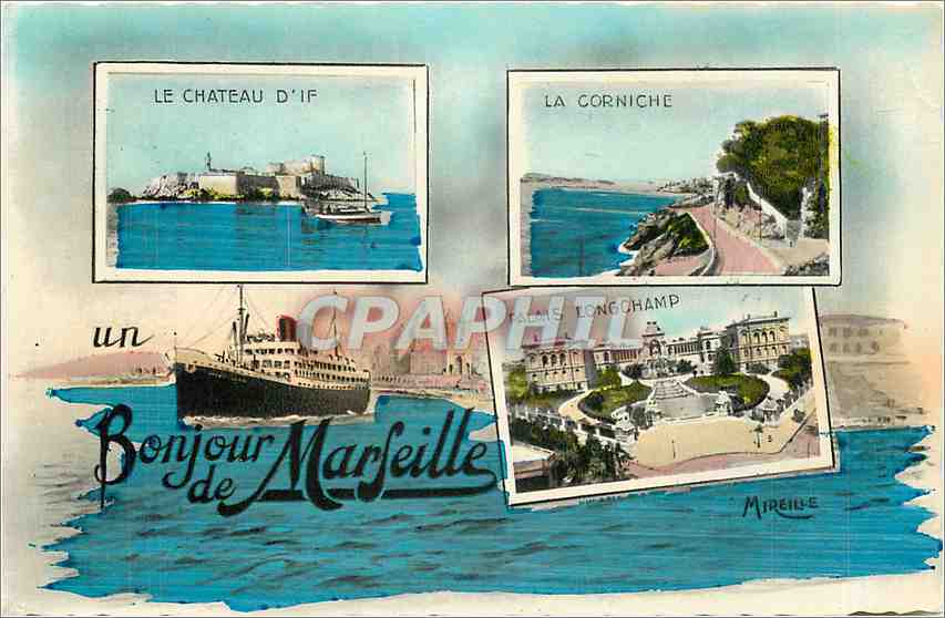 CPM Un Bonjour de Marseille Bateau Château d'IF Palais Longchamp