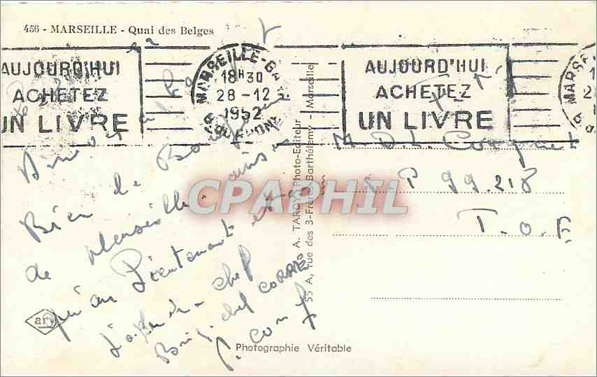 Marseille - Quai des Belges — vue du port et de la promenade — éditeur A. TAKA, n° 456 — Verso