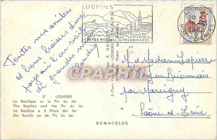 CPM Lourdes La Basilique et le Pic du Jer — Verso