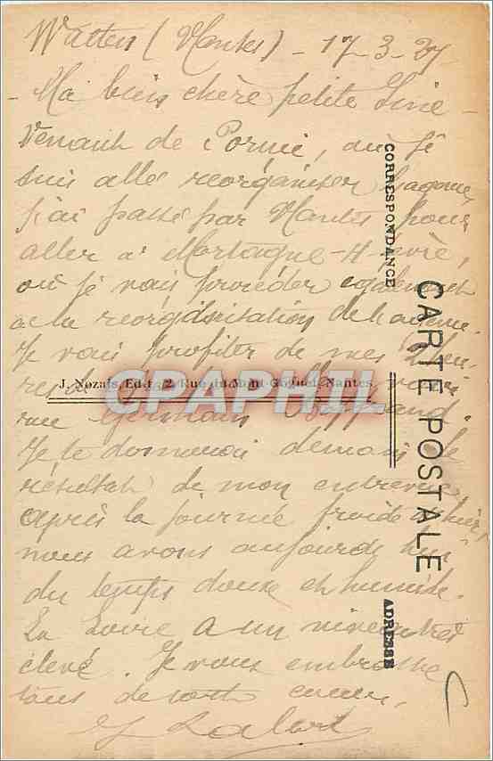 CPA Nantes - Quai Brancas - Hotel des Postes et Telegraphes — Rückseite