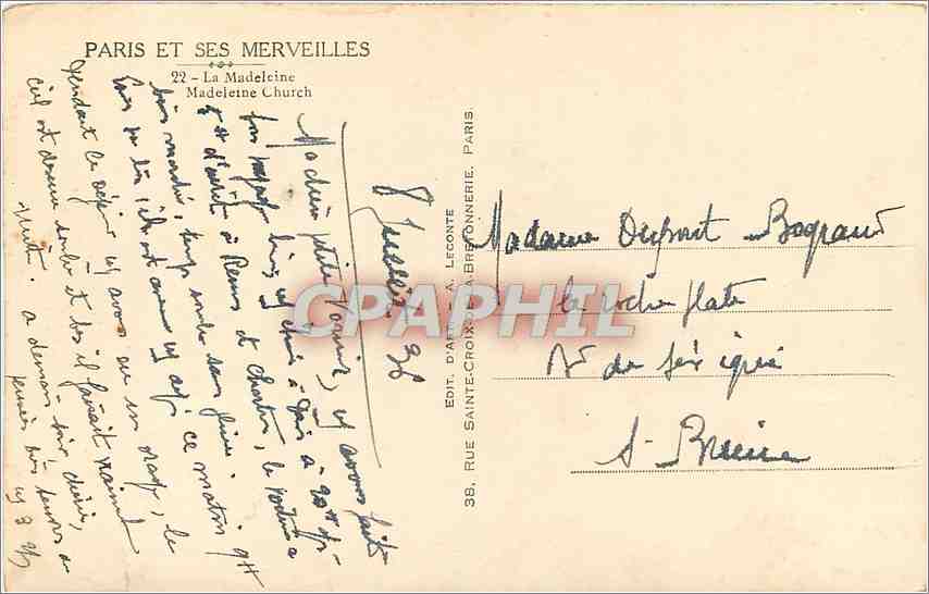 CPA Paris et ses merveilles La Madeleine — Rückseite