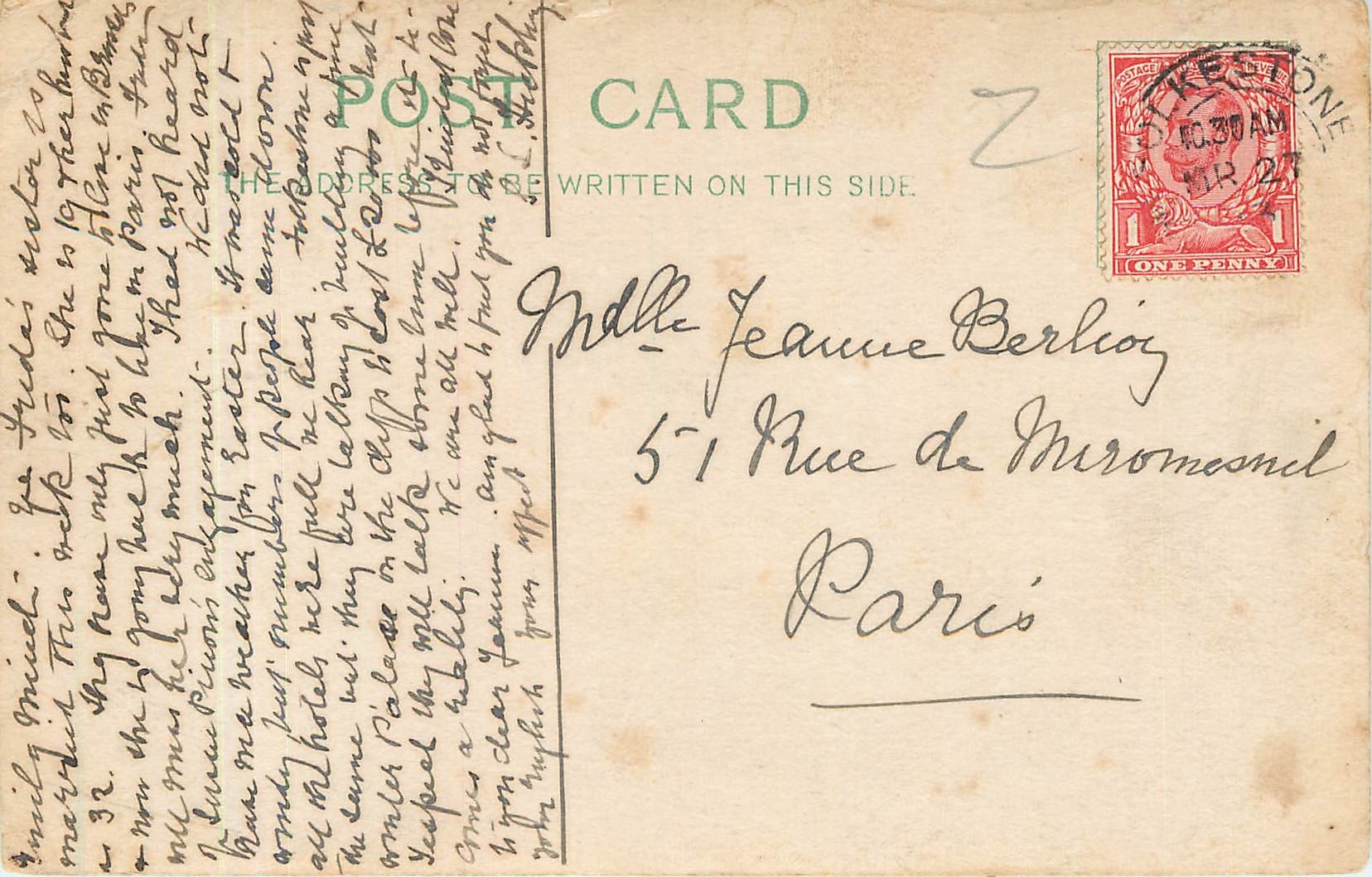 Postcard Mlle Jeanne Berlioz Rue de Mirosmenil Paris 1913