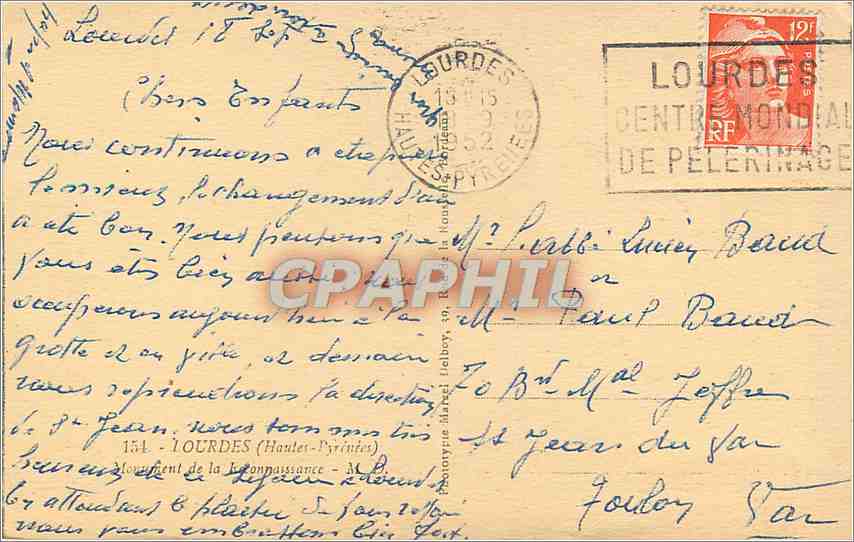 CPA Lourdes Monument de la reconnaissance — Verso