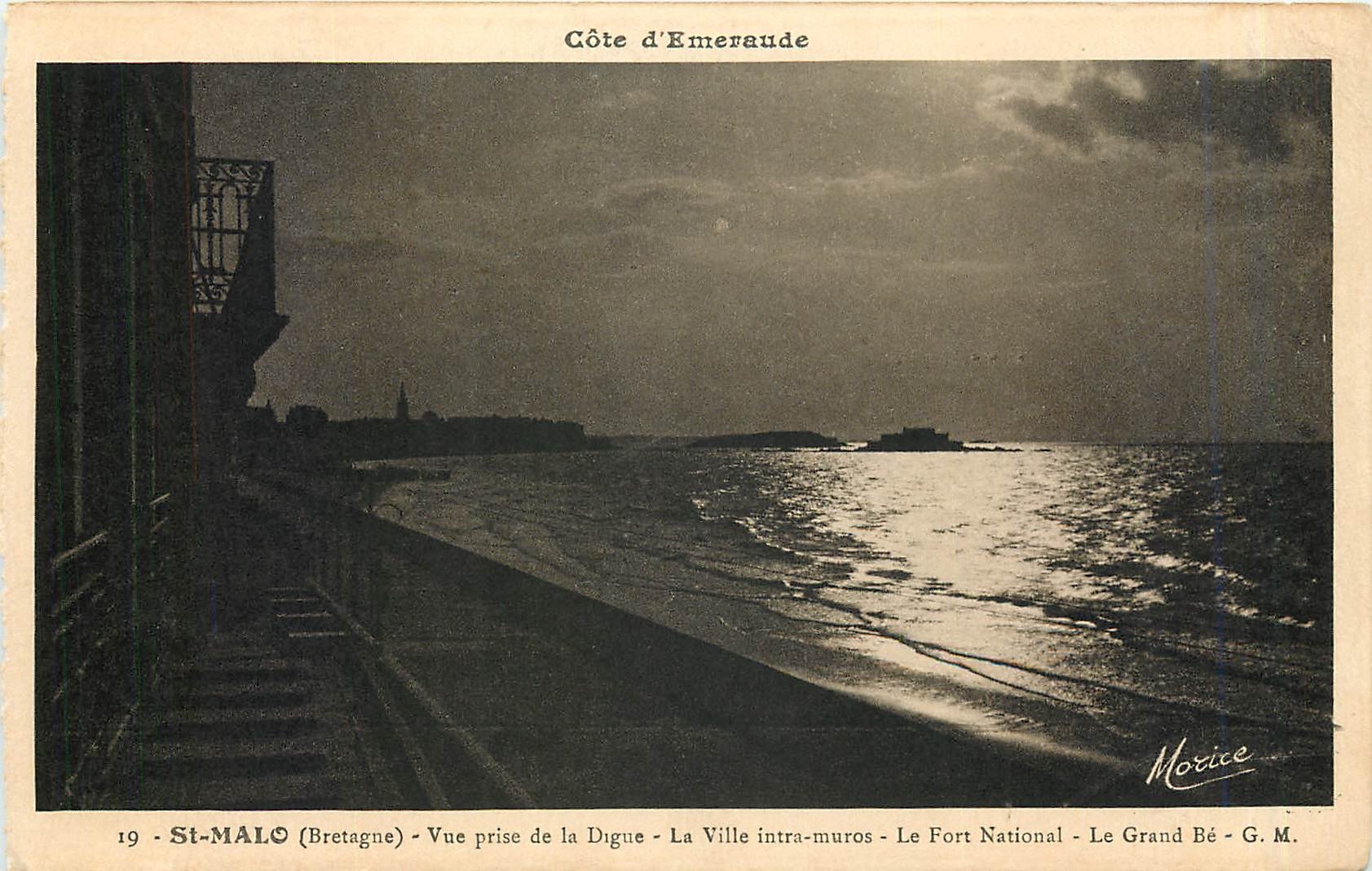 St-Malo (Bretagne) — View from the Digue — Le Fort National, Le Grand Bé — publisher Motice, no. 19