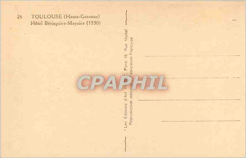 CPA Toulouse Hotel Beringuier-Maynier — Verso
